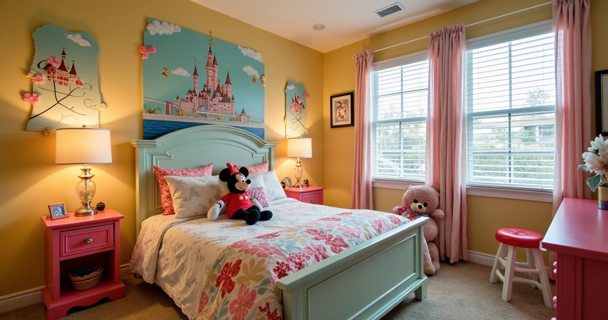 Quarto temático Disney com decoração infantil em casa de temporada