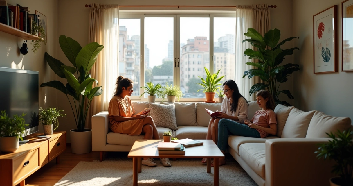 Sala de apartamento compartilhado com estudantes organizando livros
