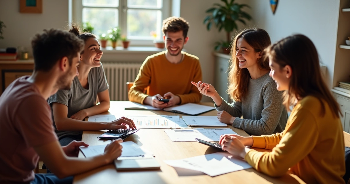 Quartos de república universitária, com jovens organizando contas sobre uma mesa