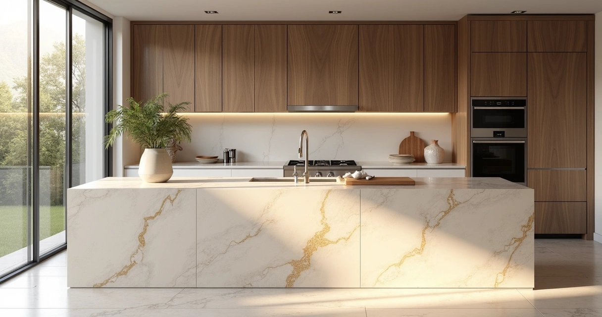 Bancada de cozinha de quartzito Taj Mahal em tom bege com veios dourados e decoração moderna 