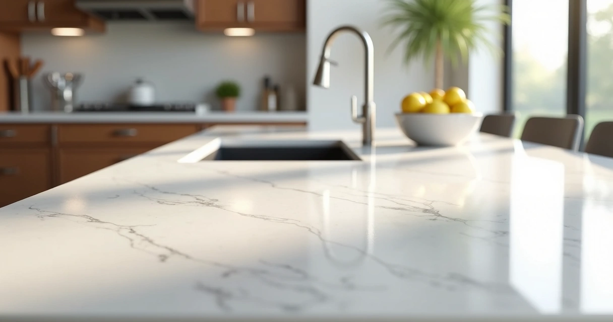 Bancada de quartzo branco polido em cozinha moderna 