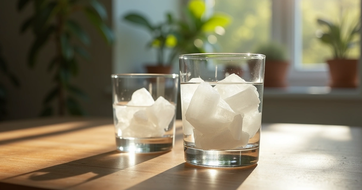 Quartzo branco dentro de um copo com água transparente visto de cima 