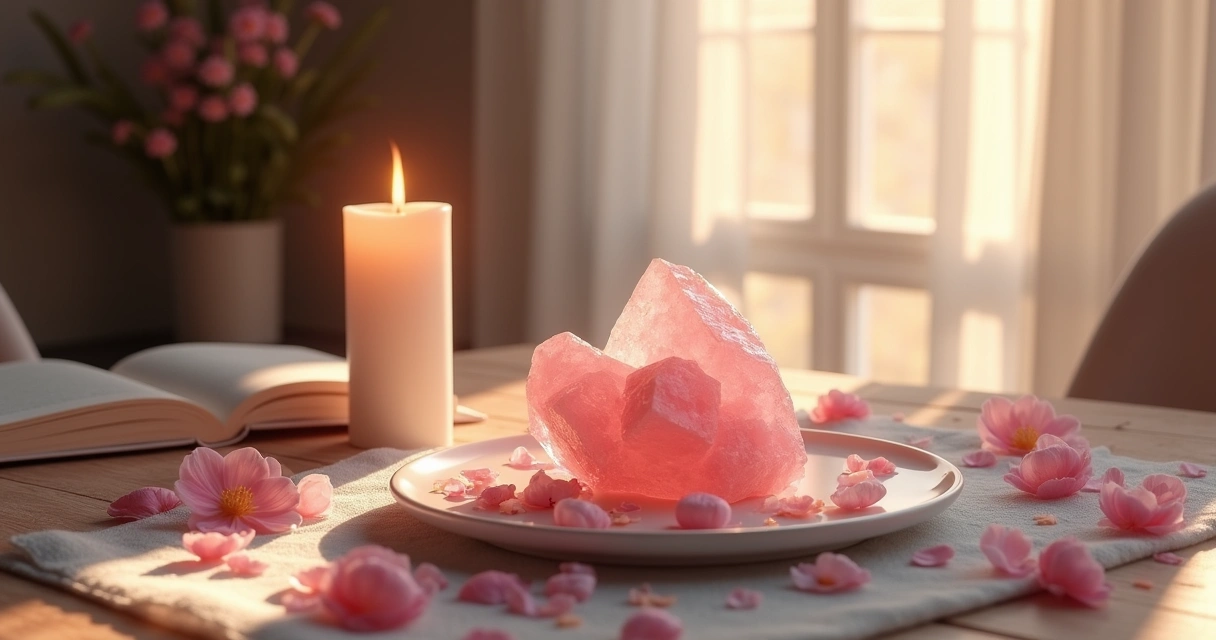 Pedaço de quartzo rosa sobre uma mesa de cabeceira, rodeado de pétalas de rosa e uma vela acesa.