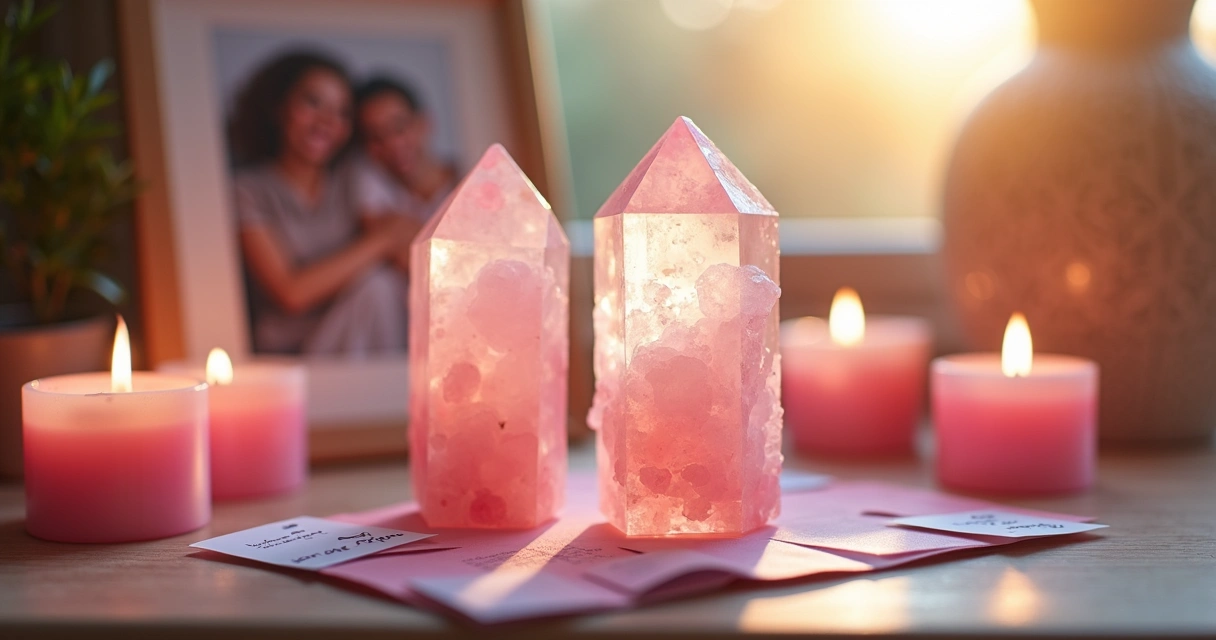 Pequeno altar com cristais de quartzo rosa e velas rosas 