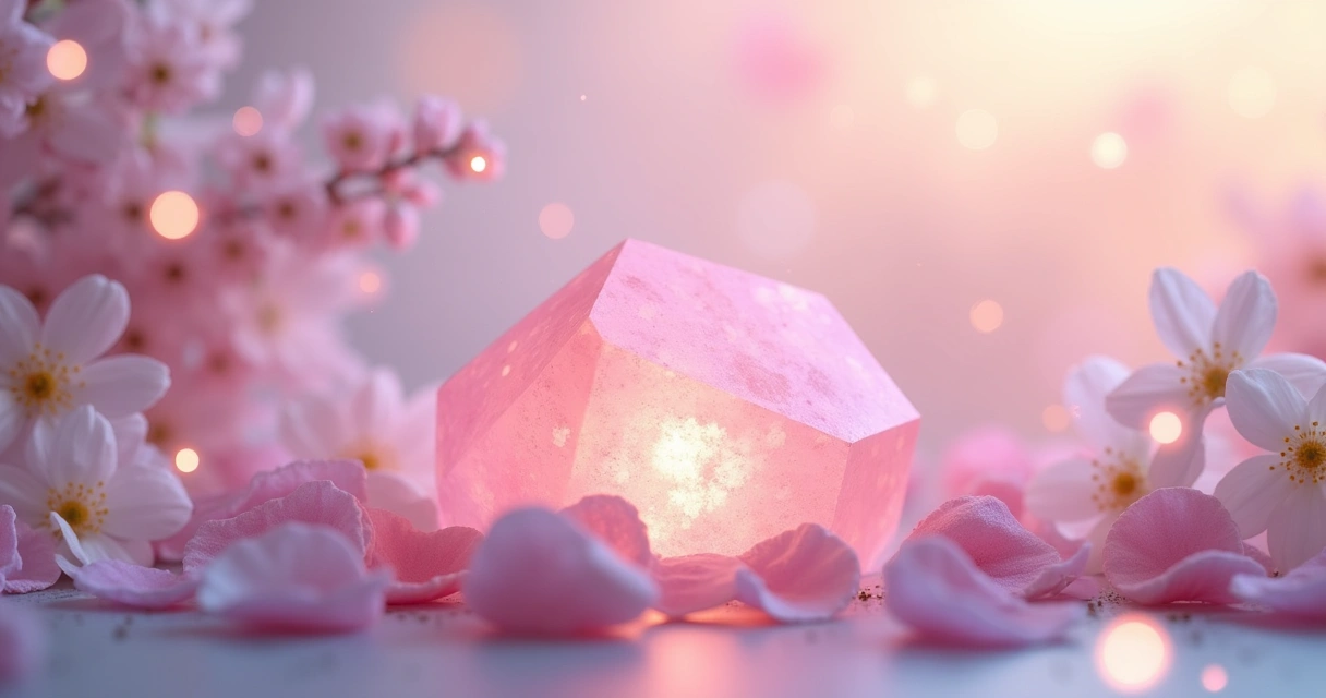 Grande pedaço de quartzo rosa iluminado suavemente cercado por pétalas de flores em um ambiente tranquilo e etéreo.