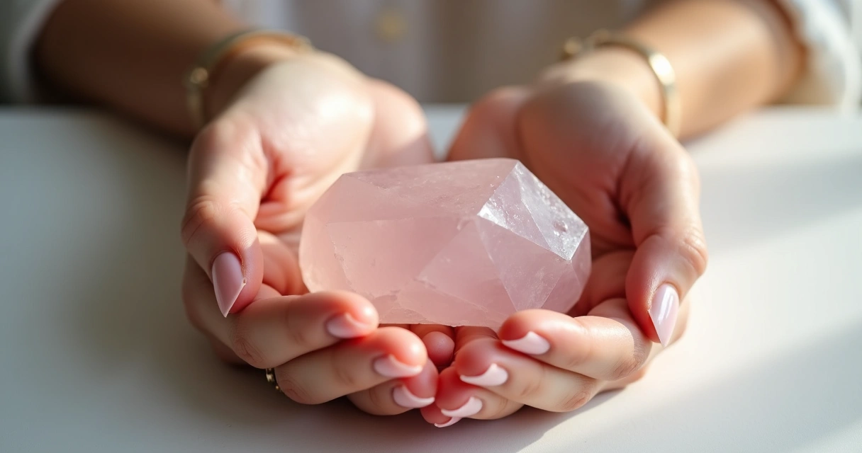 Mãos femininas segurando um quartzo rosa lapidado 