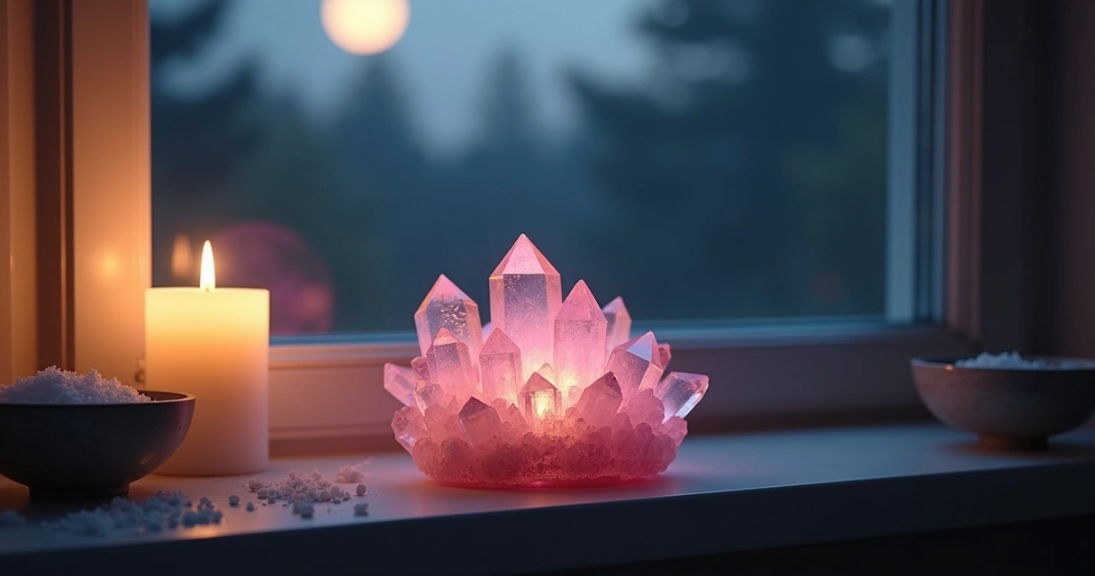 Quartzo rosa sendo energizado à luz da lua ao lado de vela