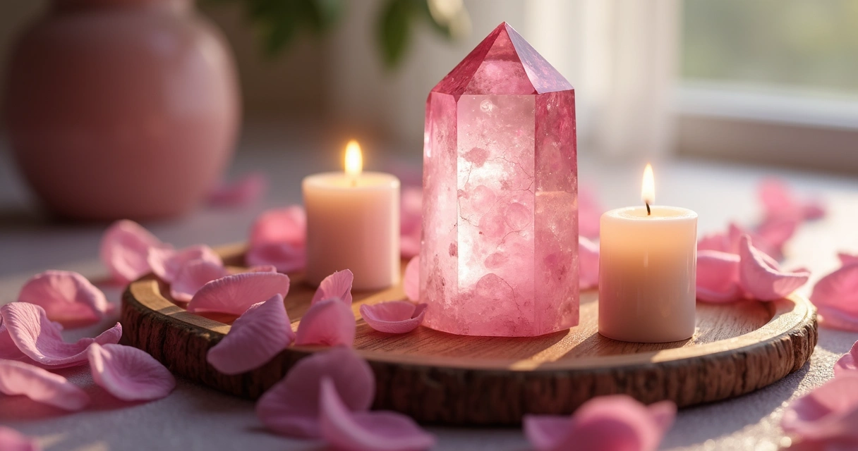 Quartzo rosa cercado de pétalas de rosa e velas acesas 