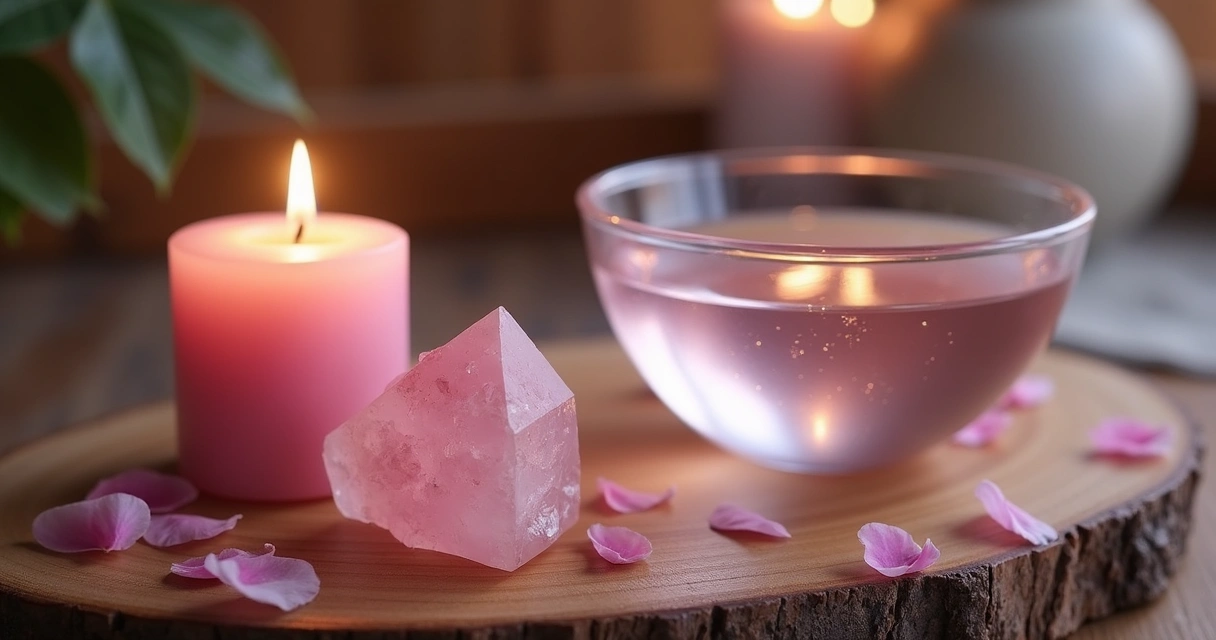 Cristal de quartzo rosa ao lado de vela acesa e tigela de água de lua 
