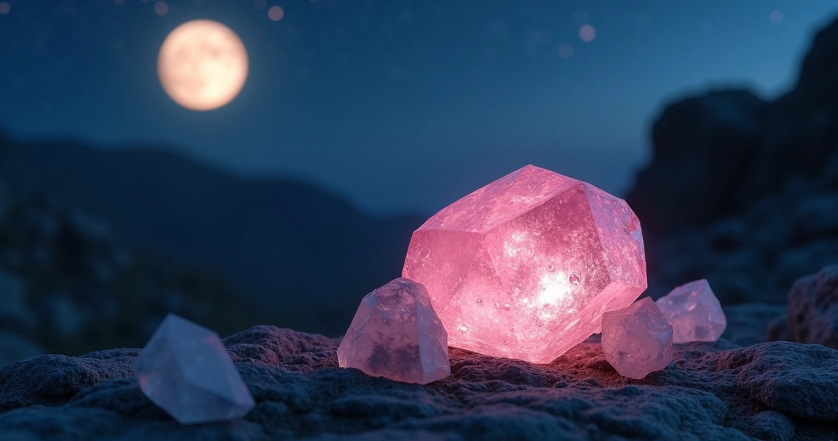 Quartzo rosa sobre pedras sob luz de Lua Cheia 