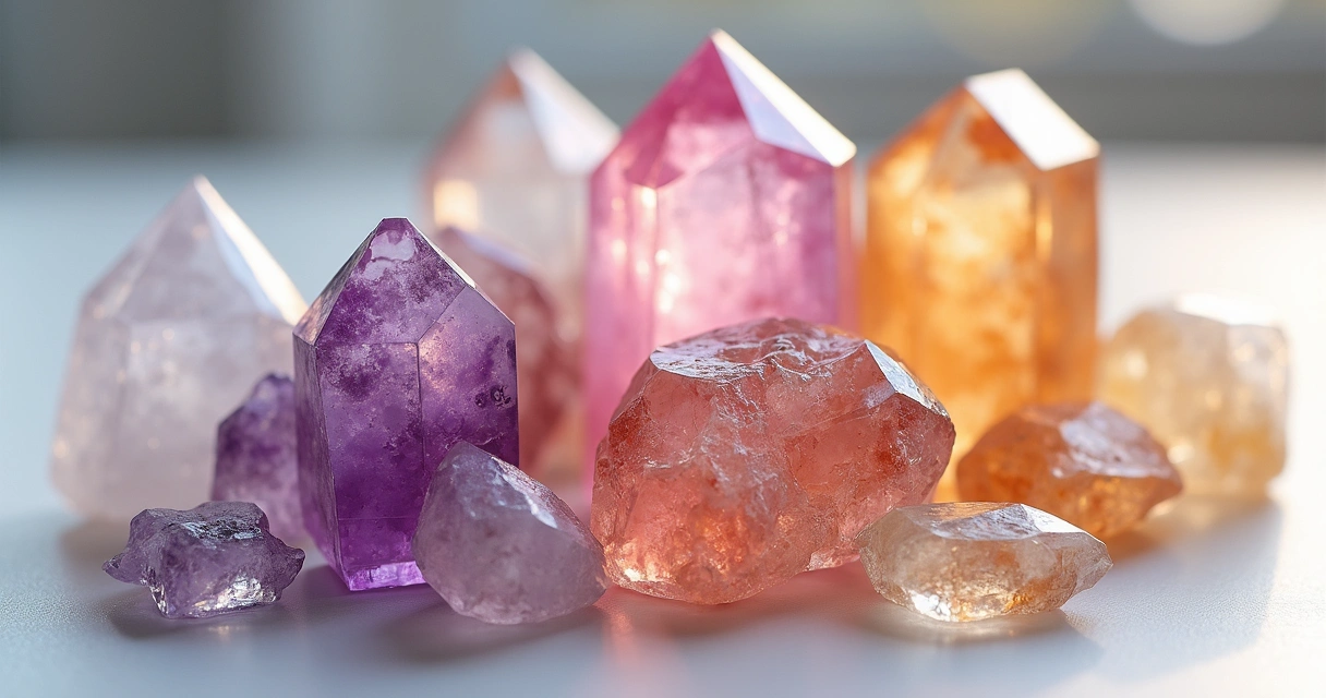 Variedades coloridas de quartzo sobre uma superfície branca 