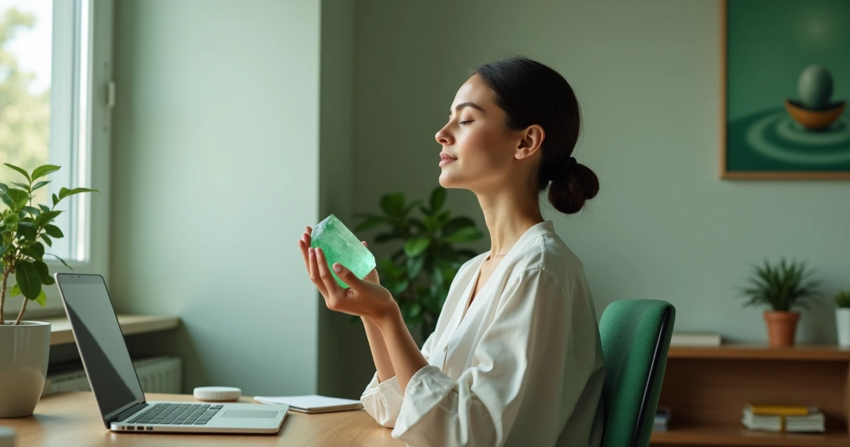 Pessoa meditando com quartzo verde no escritório