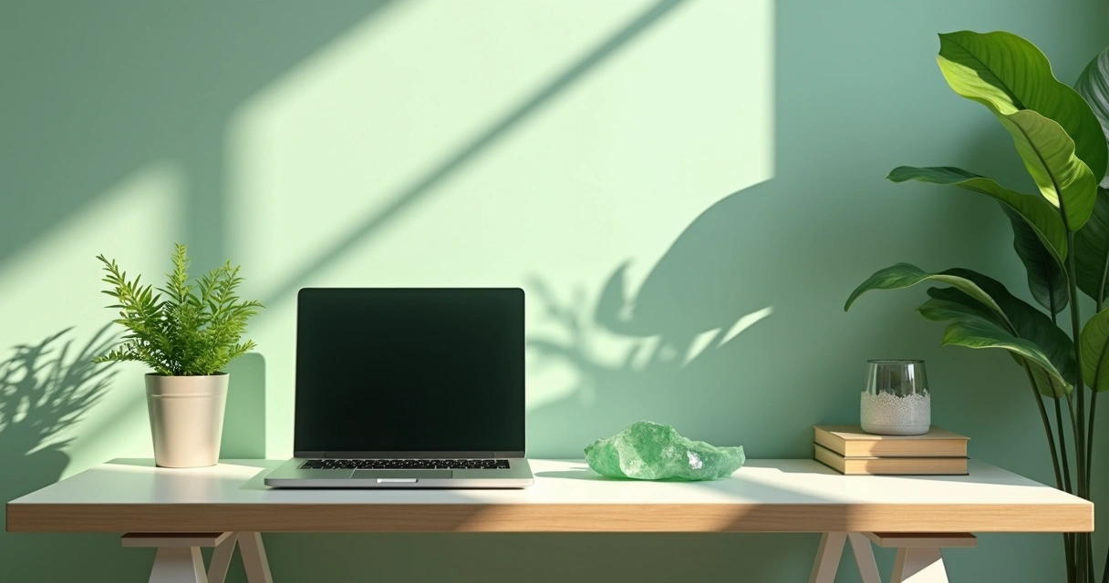 Quartzo verde em uma mesa de trabalho com computador e plantas