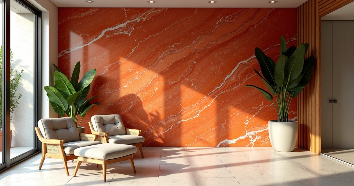 Parede de quartzo vermelho vibrante em ambiente brasileiro 