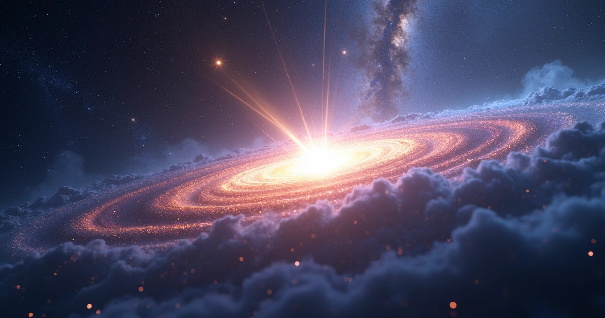 Quasar brilhante no centro de galáxia remota, com disco ejetando matéria 