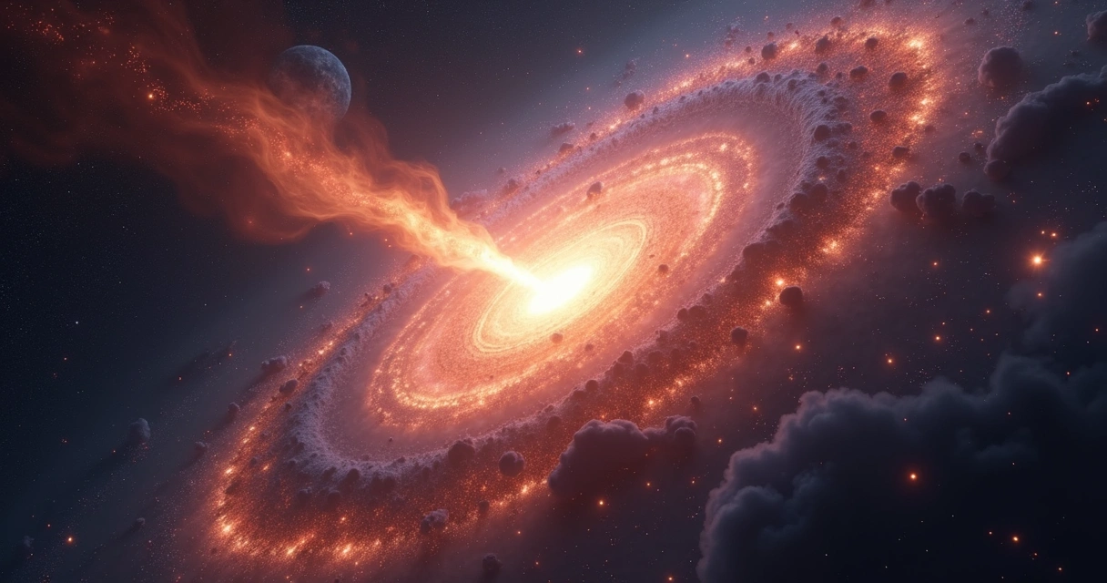 Núcleo brilhante de quasar distante com jatos de partículas 