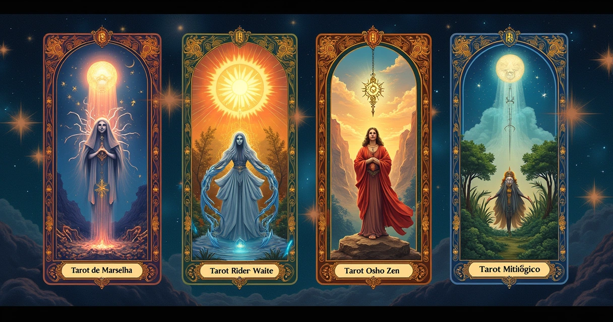 Ilustração mística com quatro quadrantes representando diferentes baralhos de tarot