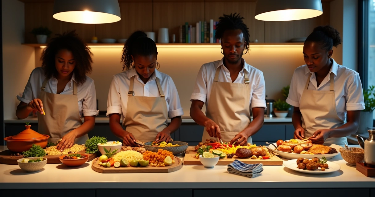 Cozinha moderna com quatro cozinheiros preparando pratos típicos de países diferentes lado a lado 