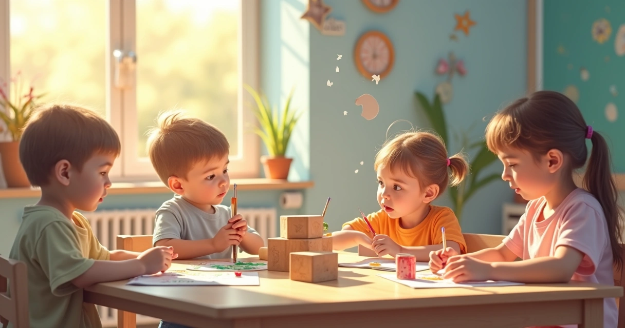 Ilustração realista dos quatro elementos em ambiente infantil 