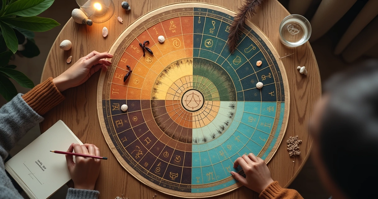 Quatro elementos fogo terra ar e água formando mandala astrológica vista de cima 