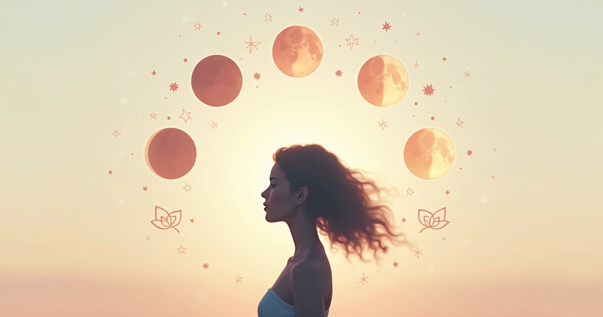 Ilustração das quatro fases da lua com símbolos femininos ao redor 