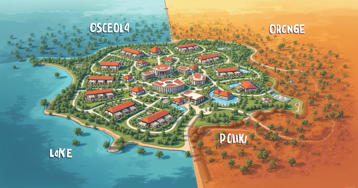 Aerial view of residential neighborhoods and resorts in Four Corners, Orlando. 