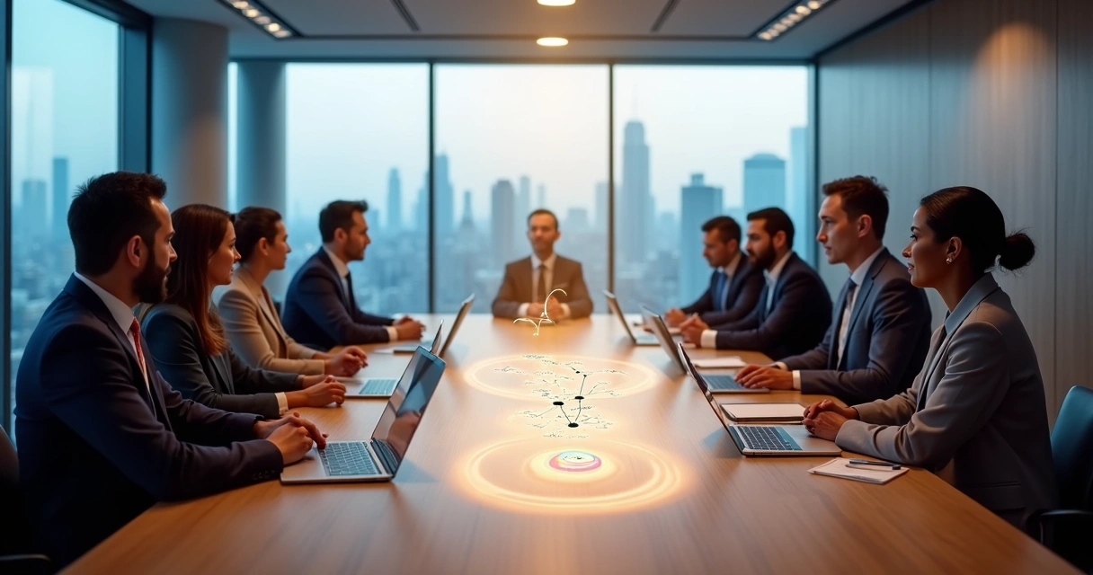 Executivos em reunião com quatro níveis de consciência representados em camadas de luz 