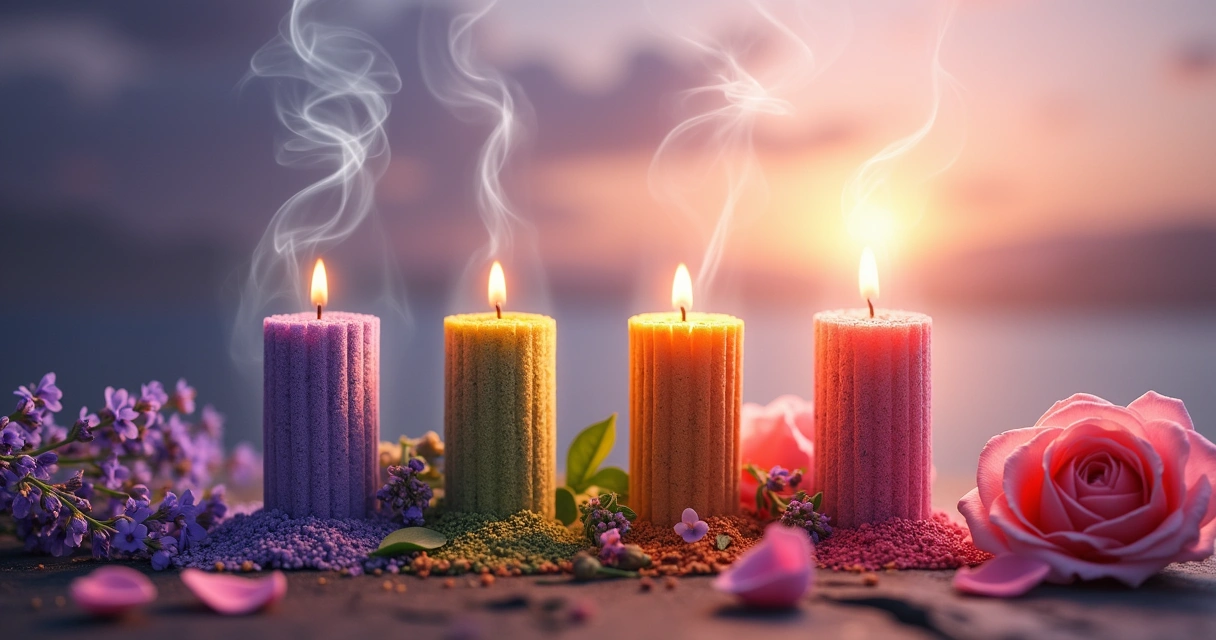 Quatro tipos de incensos com adornos representativos: lavanda, sândalo, patchouli e rosa. Fondos suaves e aroma envolvente.