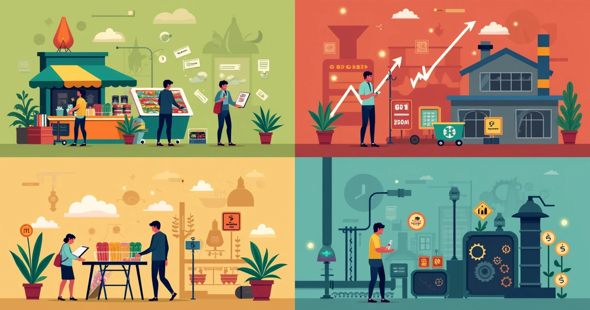 Ilustração dos quatro tipos de inflação em quadrantes com cenas de mercado, indústria e economia quebrada.