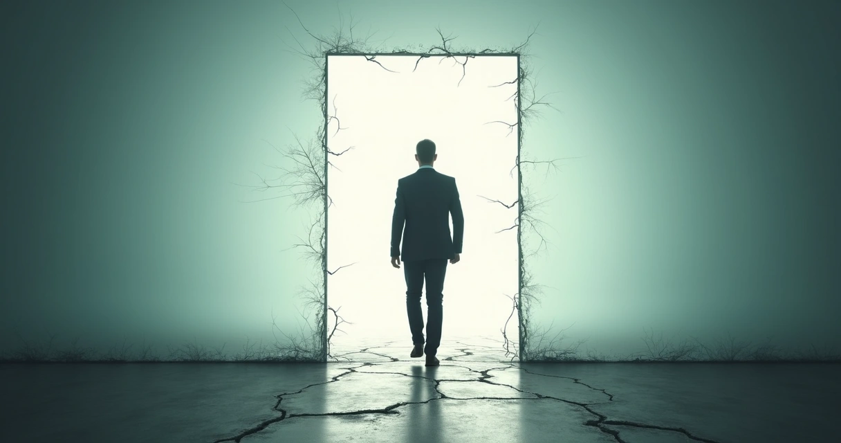 Pessoa caminhando para fora de uma barreira invisível representando superar limites