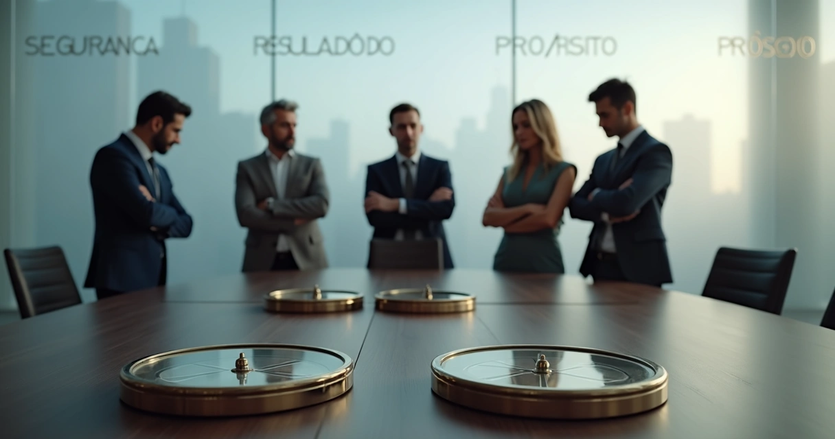 Equipe de negócios ao redor de bússolas que apontam para direções opostas 