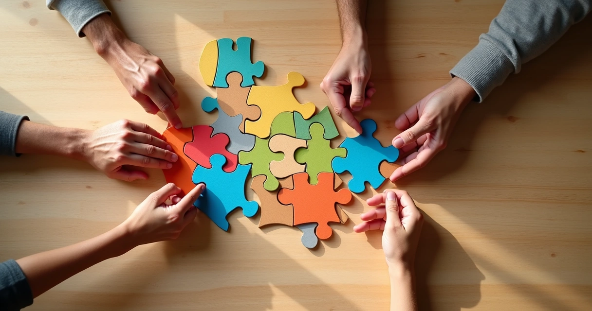 Peças de quebra-cabeça coloridas sendo unidas por várias mãos 