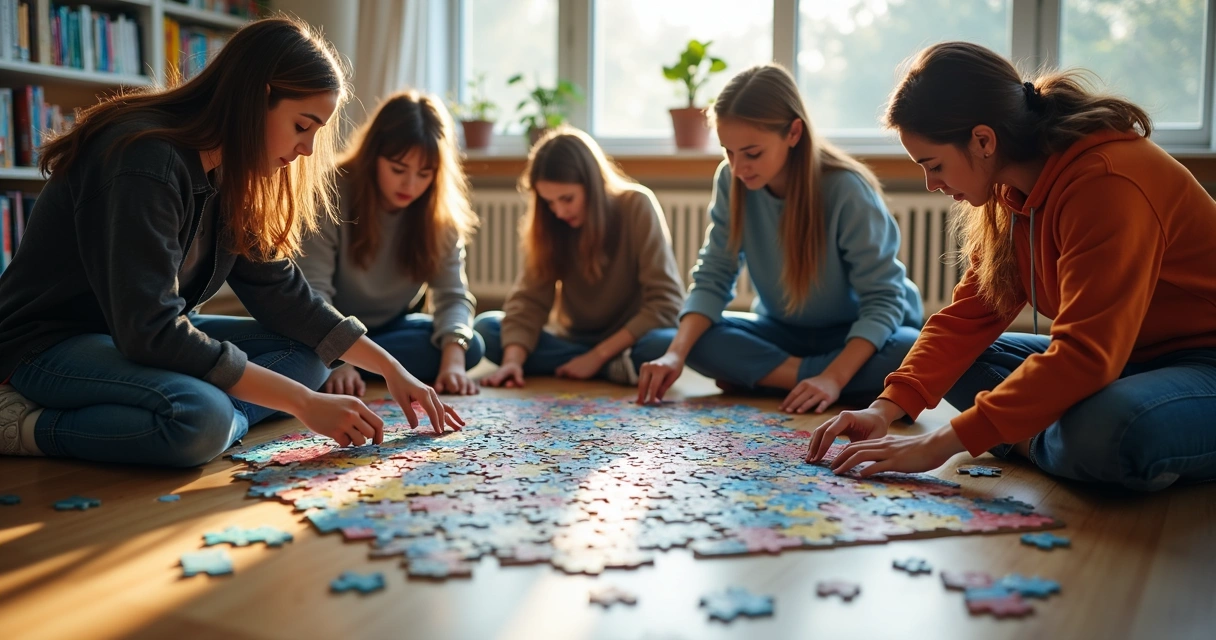 Adolescentes montando juntos um quebra-cabeça gigante, reforçando conceito de colaboração