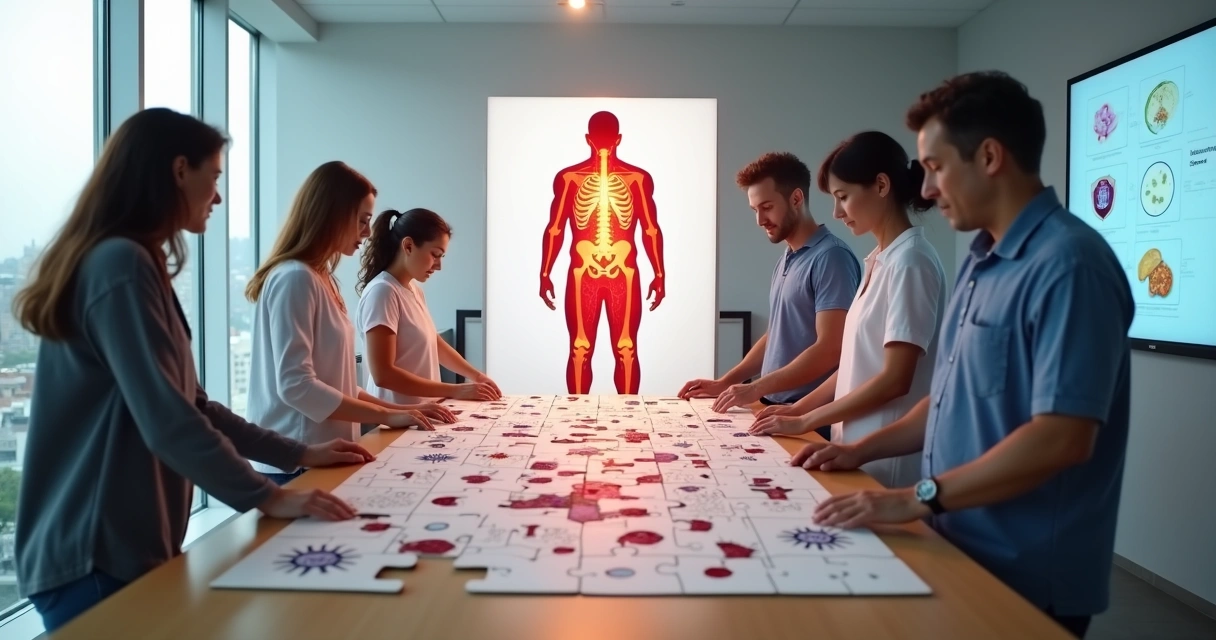 Pessoas montando quebra-cabeça com símbolos de imunidade e exames de sangue 