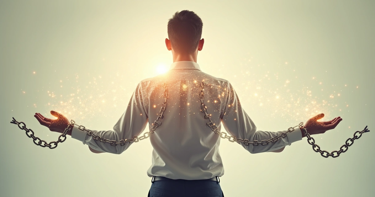 Pessoa quebrando correntes invisíveis representando libertação de autossabotagem 