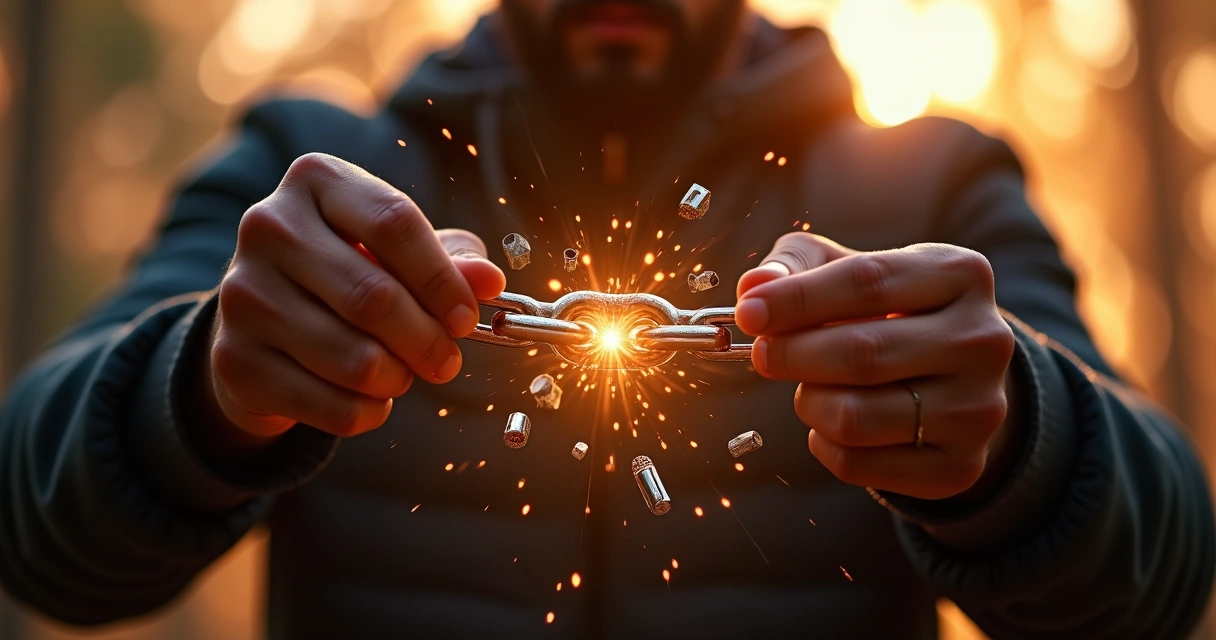 Pessoa quebrando uma corrente brilhante com as mãos 