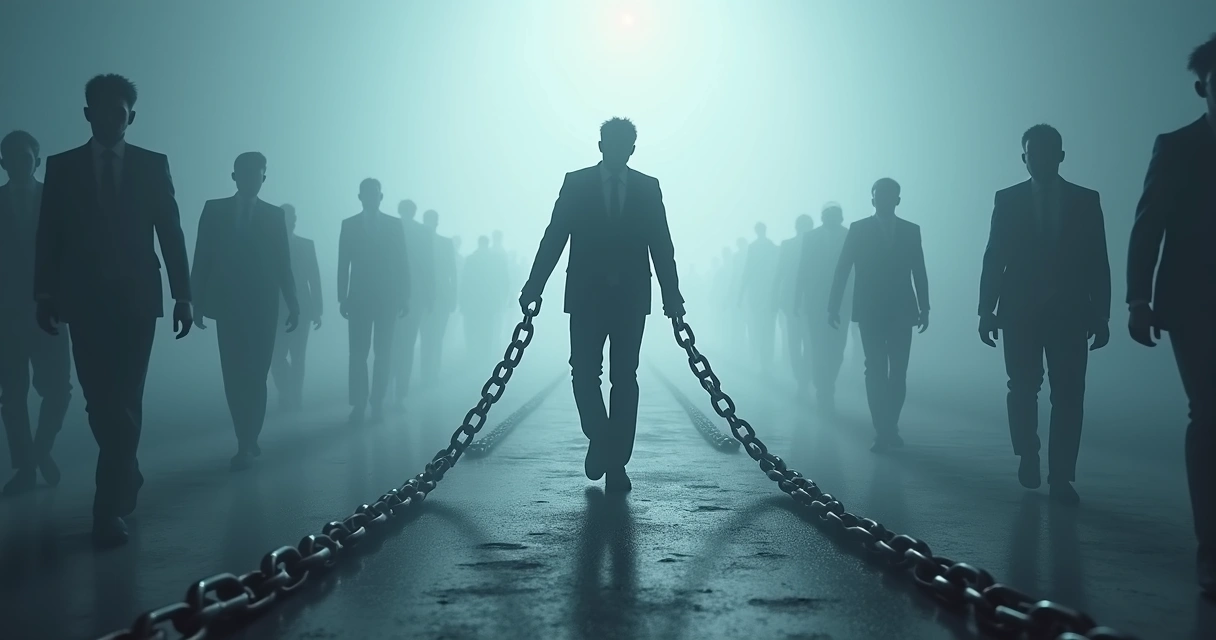 Pessoa no centro quebrando uma corrente simbolizando rompimento de padrões inconscientes. 