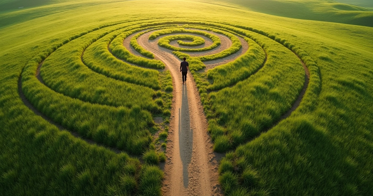 Pessoa andando em trilha se afastando de caminhos circulares na terra 
