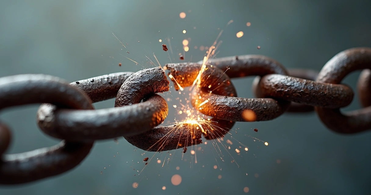 Corrente de metal com elos se quebrando no centro, simbolizando a libertação 