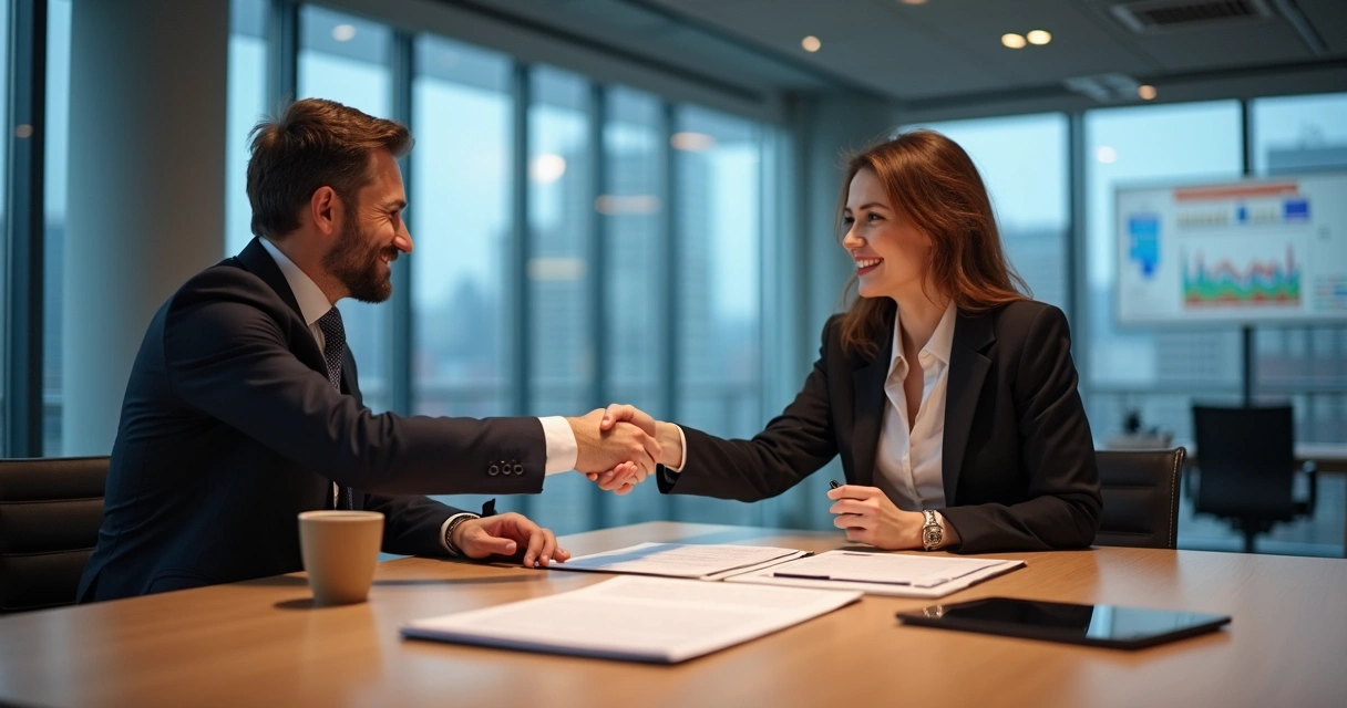 Empresários apertando as mãos em acordo de aquisição empresarial 