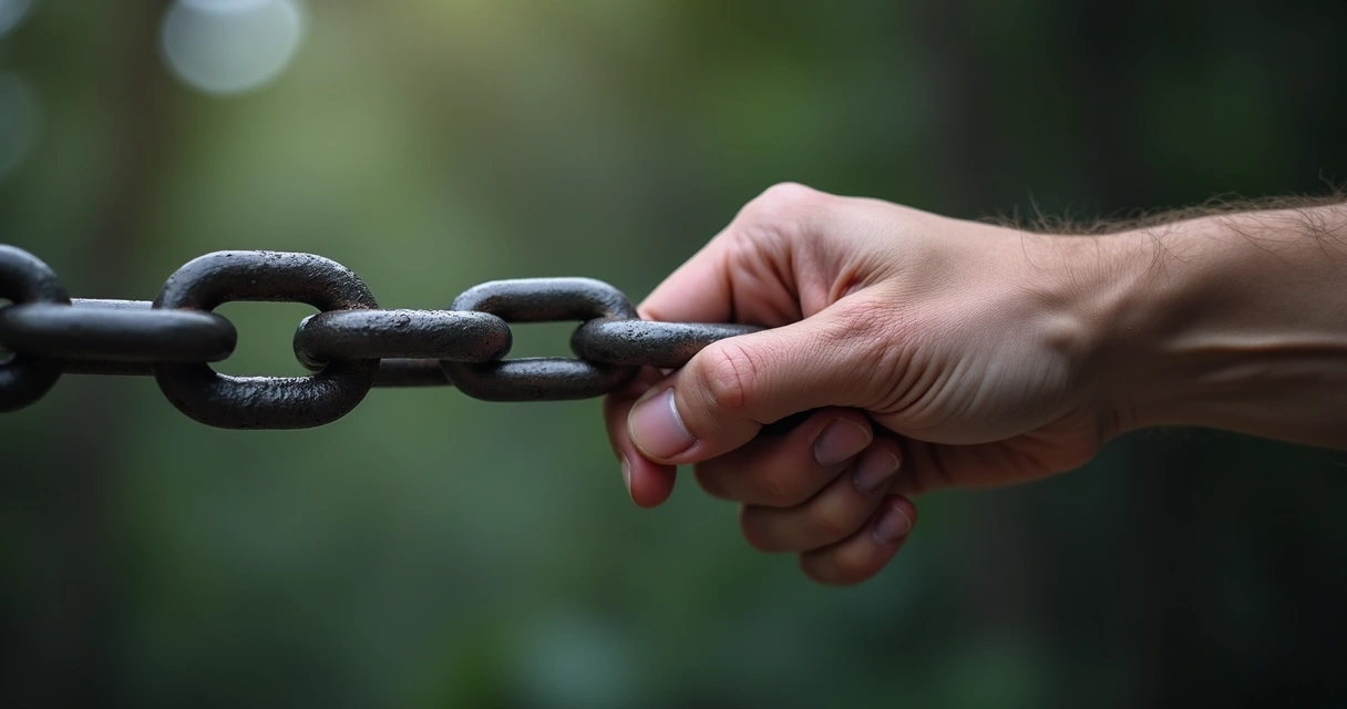 Mão quebrando uma corrente simbolizando libertação de padrões 