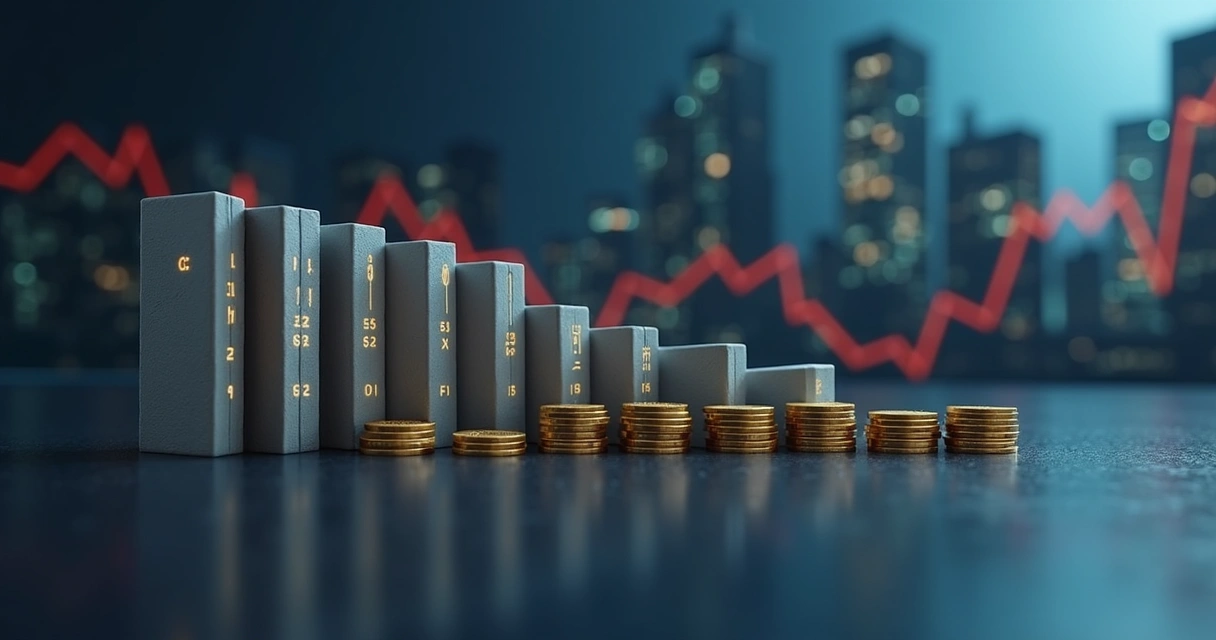 Carteira de edifícios tipo fichas de dominó caindo enquanto moedas douradas diminuem 