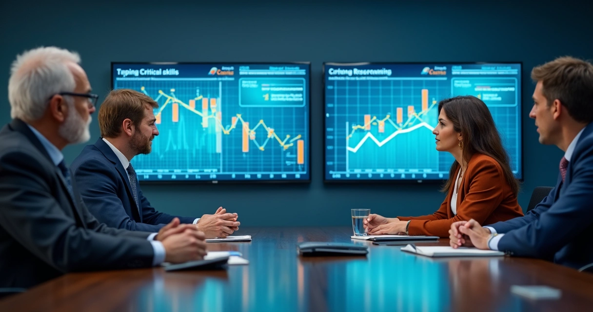 Sala de reunião com gráficos de headcount desatualizados, líderes frustrados debatendo ações e telas exibindo skills críticas 
