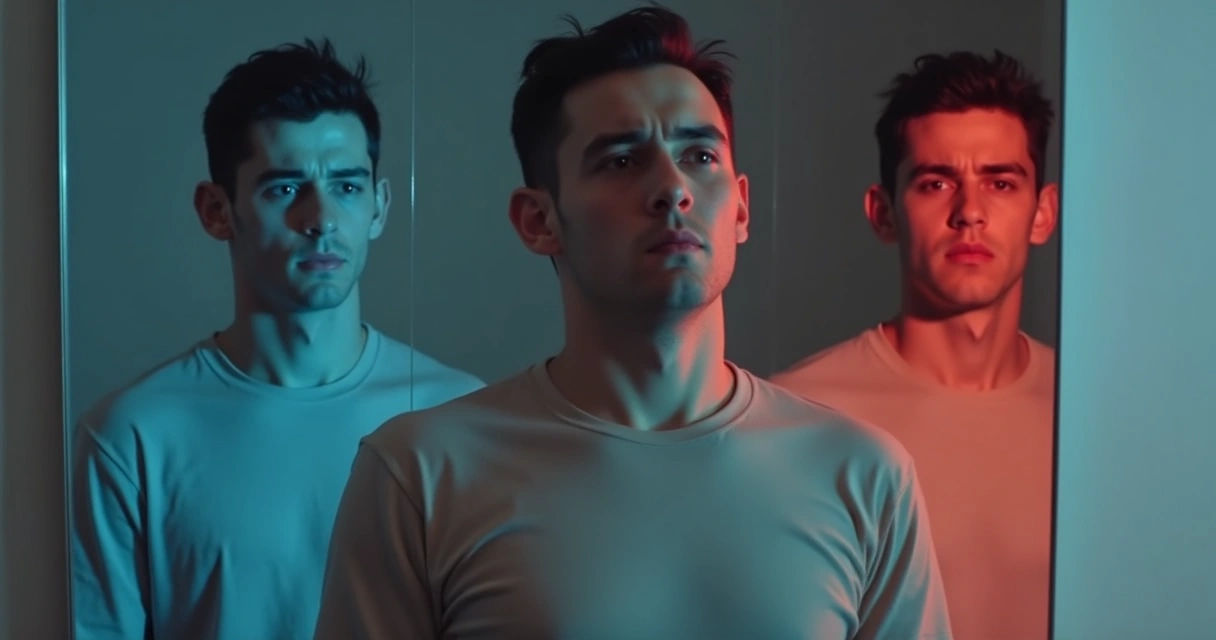 Pessoa olhando no espelho, refletindo estados emocionais diferentes, simbolizando autopercepção 