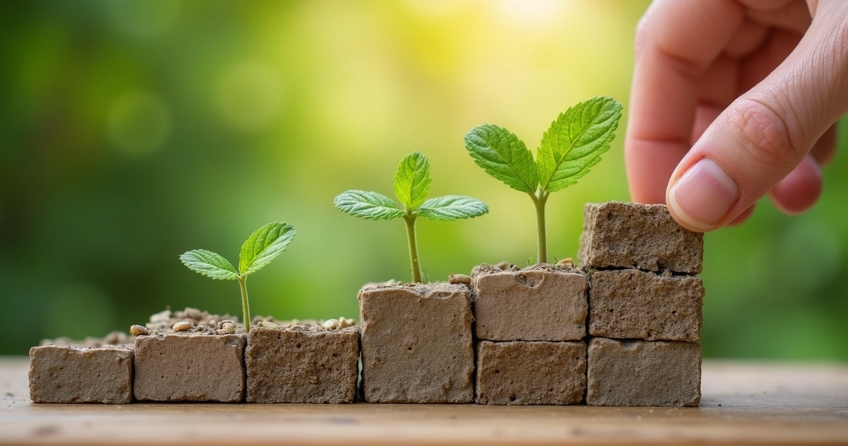 Muralha de blocos sendo desmontada com novas plantas crescendo entre eles. 