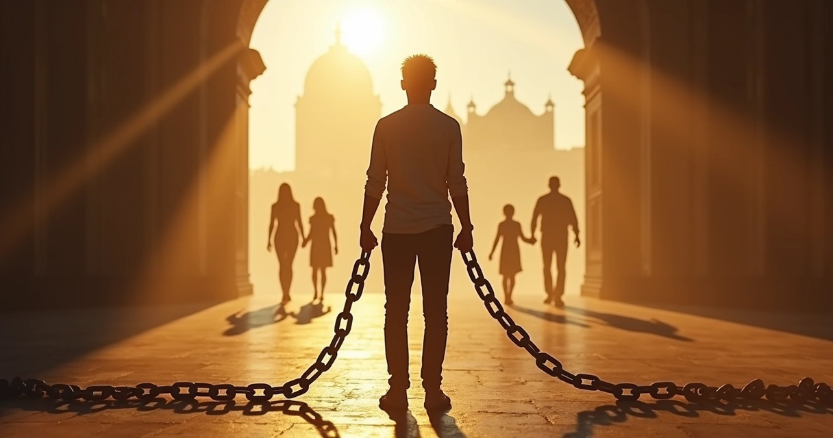 Pessoa quebrando correntes que simbolizam padrões antigos 