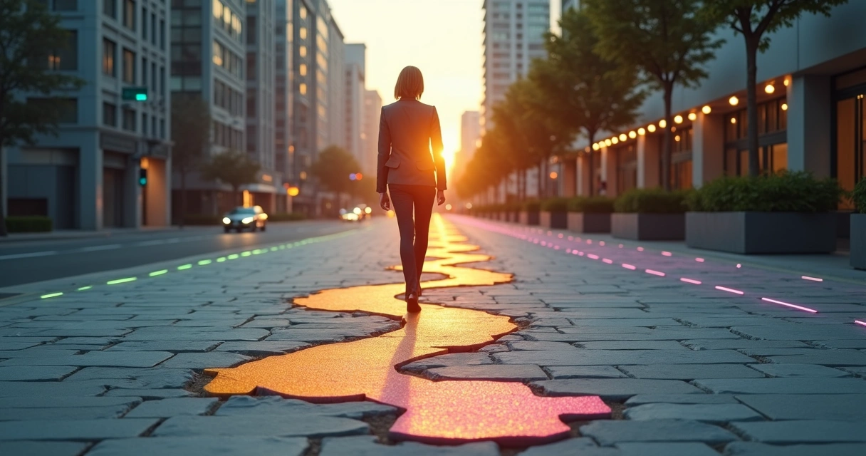 Pessoa caminhando por rua que se transforma em novos caminhos coloridos ao redor 