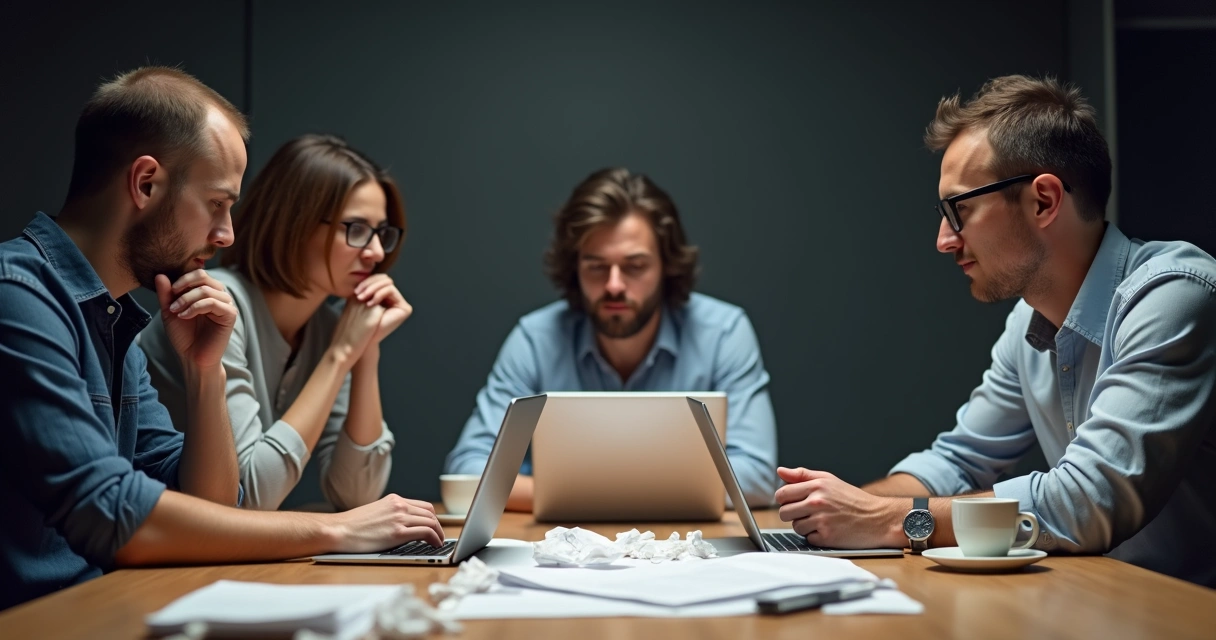 Sócios de startup discutindo desanimados em uma mesa de reunião 
