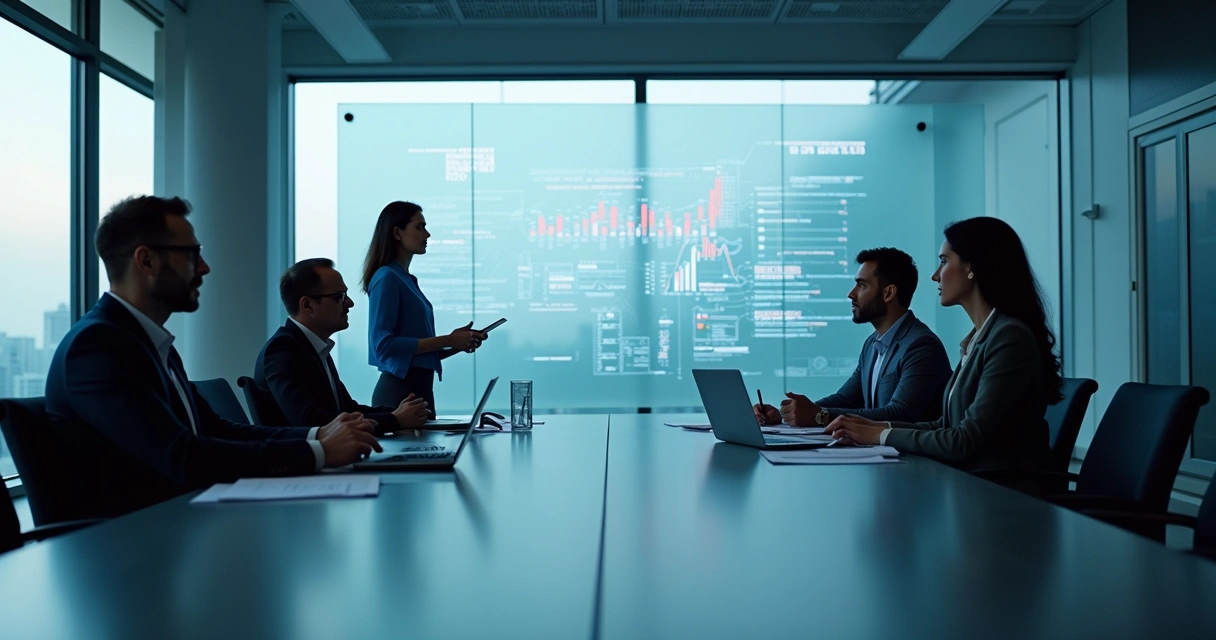 Equipe discutindo estratégia digital em sala de reunião moderna 
