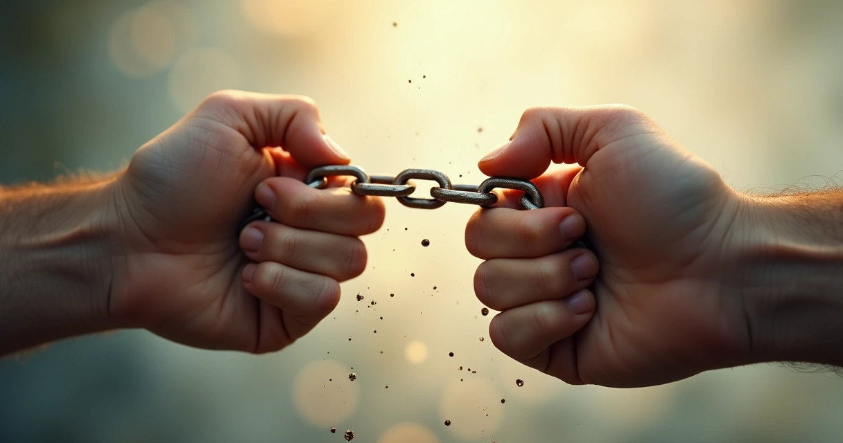 Pessoa quebrando correntes em fundo claro 